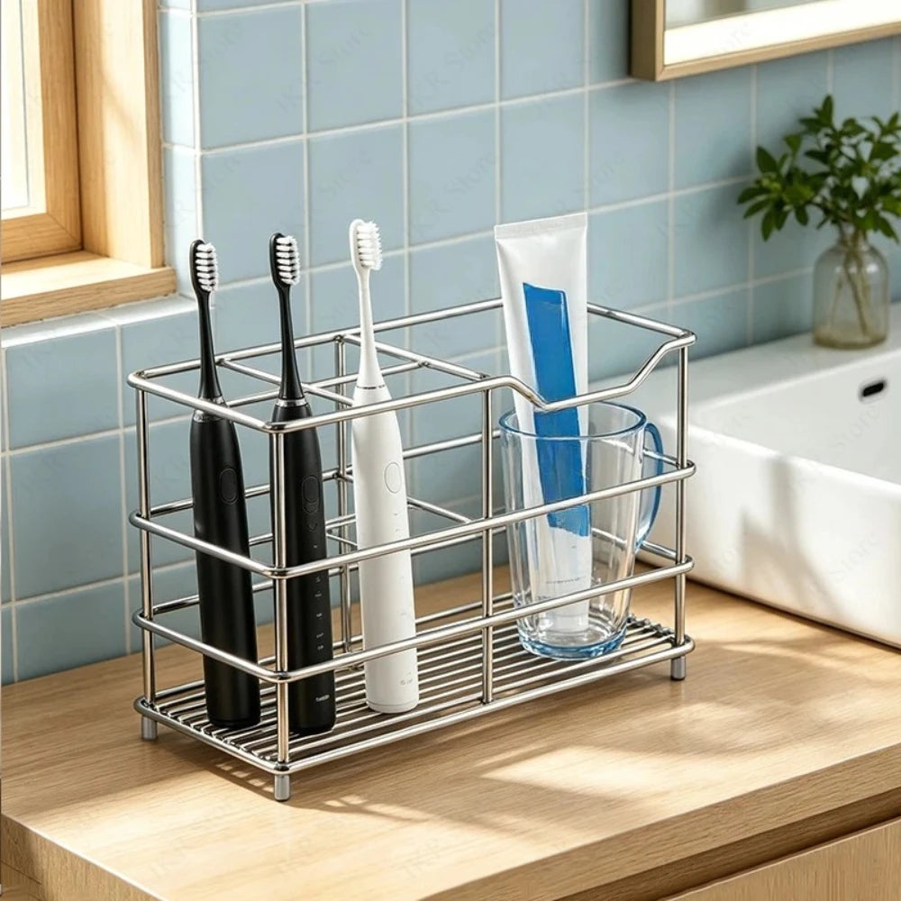 Compact Space-saving Washroom Storage Stand Stainless Steel Toothbrush Toothpaste Rack Freestanding Holder For Home Daily Use Qme