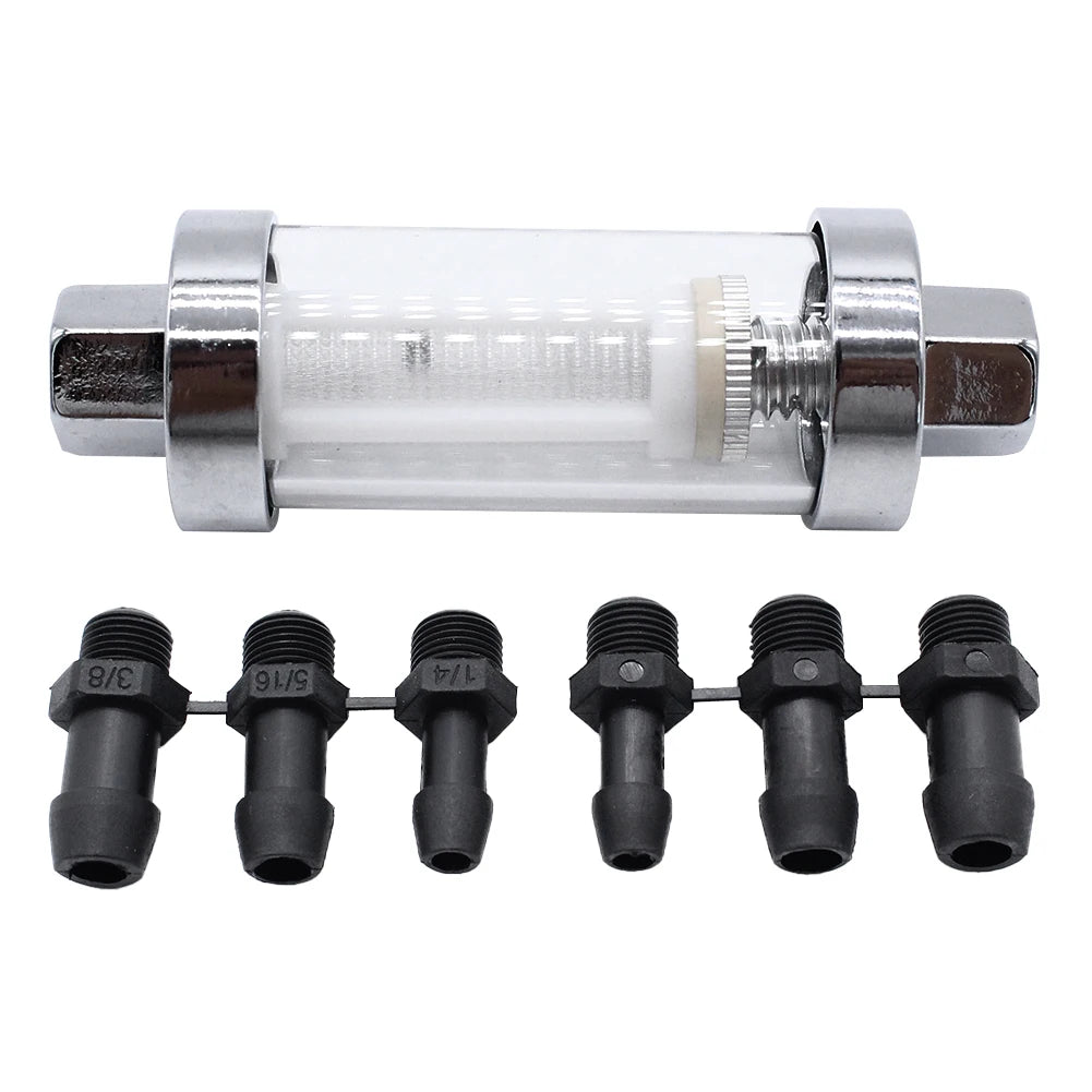 Car Fuel Filter with 6 Hoses Reusable Inline Fuel Filter Replacement Fuel Filter for Universal 3/8in 1/4in 5/16in Fittings Qme Silver