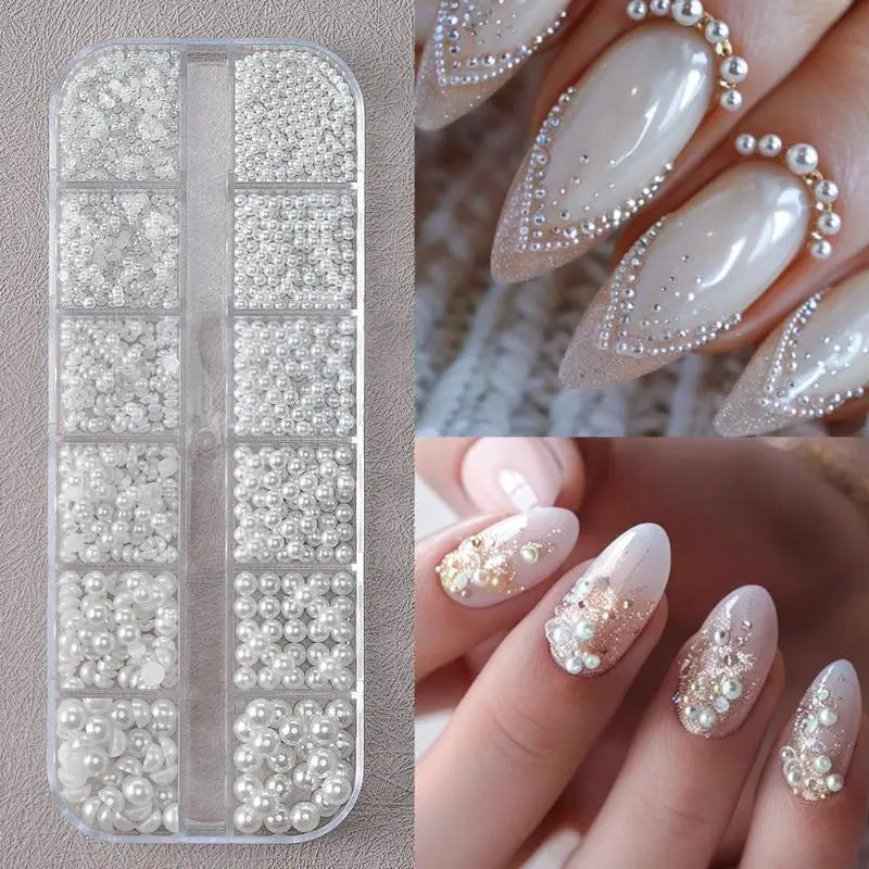 12 Grids Half Round Pearls Bead 3D Nail Charms 1 5 2 3 4 White Qme