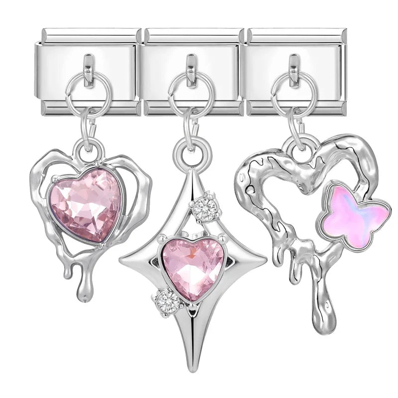 3PCS Pink Zircon Series Heart Shiny CZ Italian Charm Link Fit 9mm Stainless Steel Bracelet Women Men DIY Making Dropshipping Qme Style 5