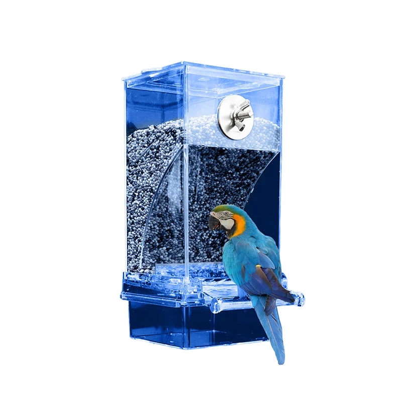 Automatic No Mess Bird Cage Feeder Acrylic Transparent Parrot Seed Qme Blue
