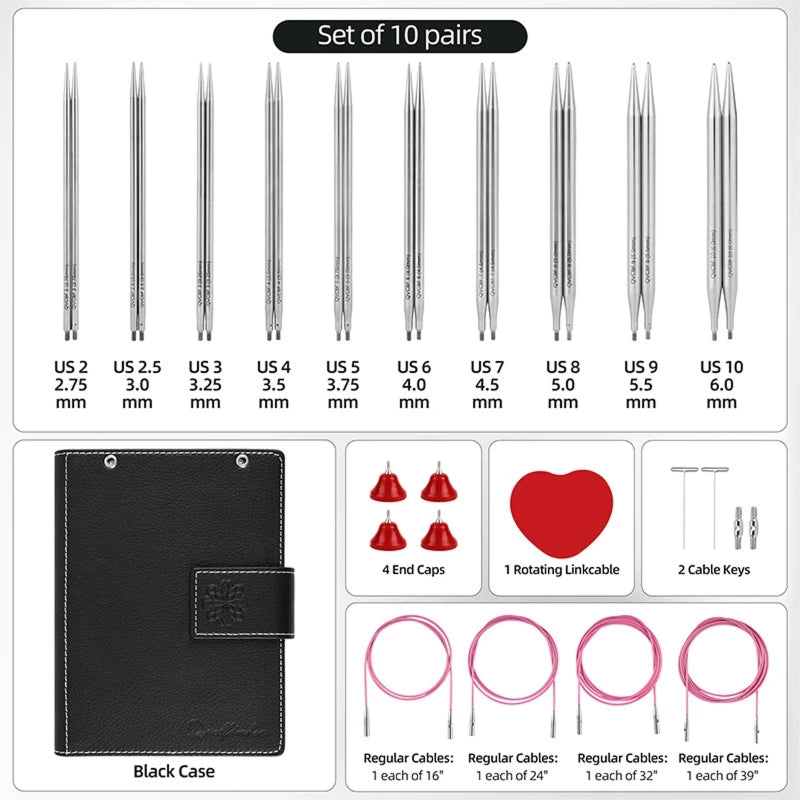 10Pairs Detachable Circular Knitting Needle Group Steel Points Cable Qme