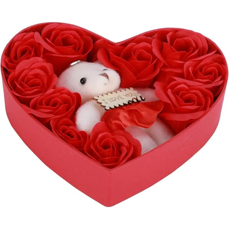 Valentine's Day 10 Floral Rose Artificial Flowers 1 Bear Box Qme Style 1