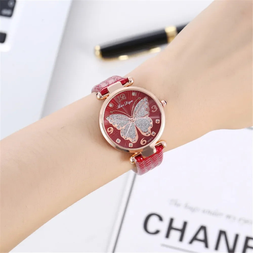 Casual Round Pointer Quartz Watch Cute Rhinestone Butterfly Pattern Dial Analog Dress Watch, Gift For Women Girls Qme
