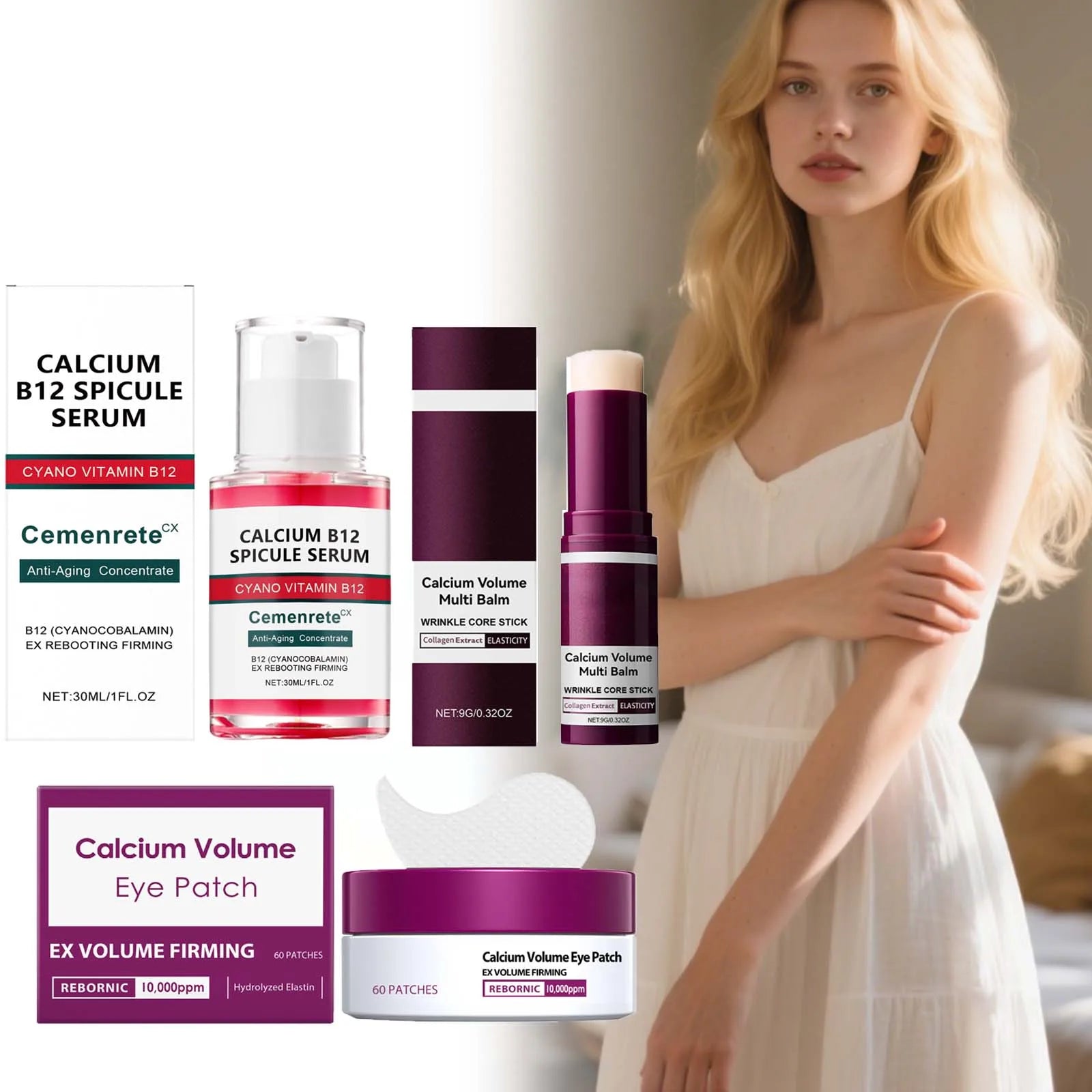 Calcium Skincare Set Anti-Aging Calcium Volume Facial Serum Eye Patches Multi Balm Fade Fine Lines Reduce Dark Circles Nourishes Qme