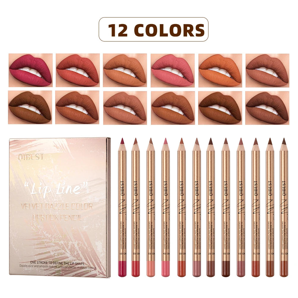 QIBEST Lip Liner Pencil Set 12 Colors Matte Lipstick Pencil Waterproof Non-Stick Lip Tint Long Lasting Lipliner Makeup For Women Qme Lipliner Set