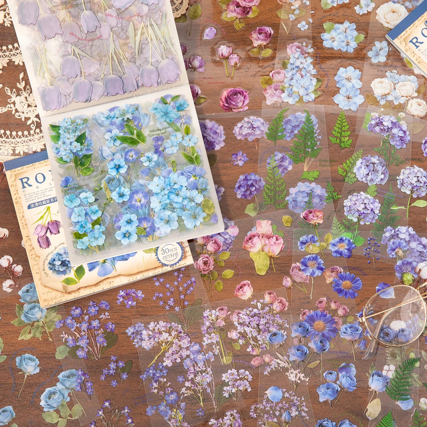 30 Sheets Kawaii Flower & Plant Pattern Flash Film Die Cutting Sticker Book for DIY Scrapbook Diary Album Aesthetic Stationery Qme 2B