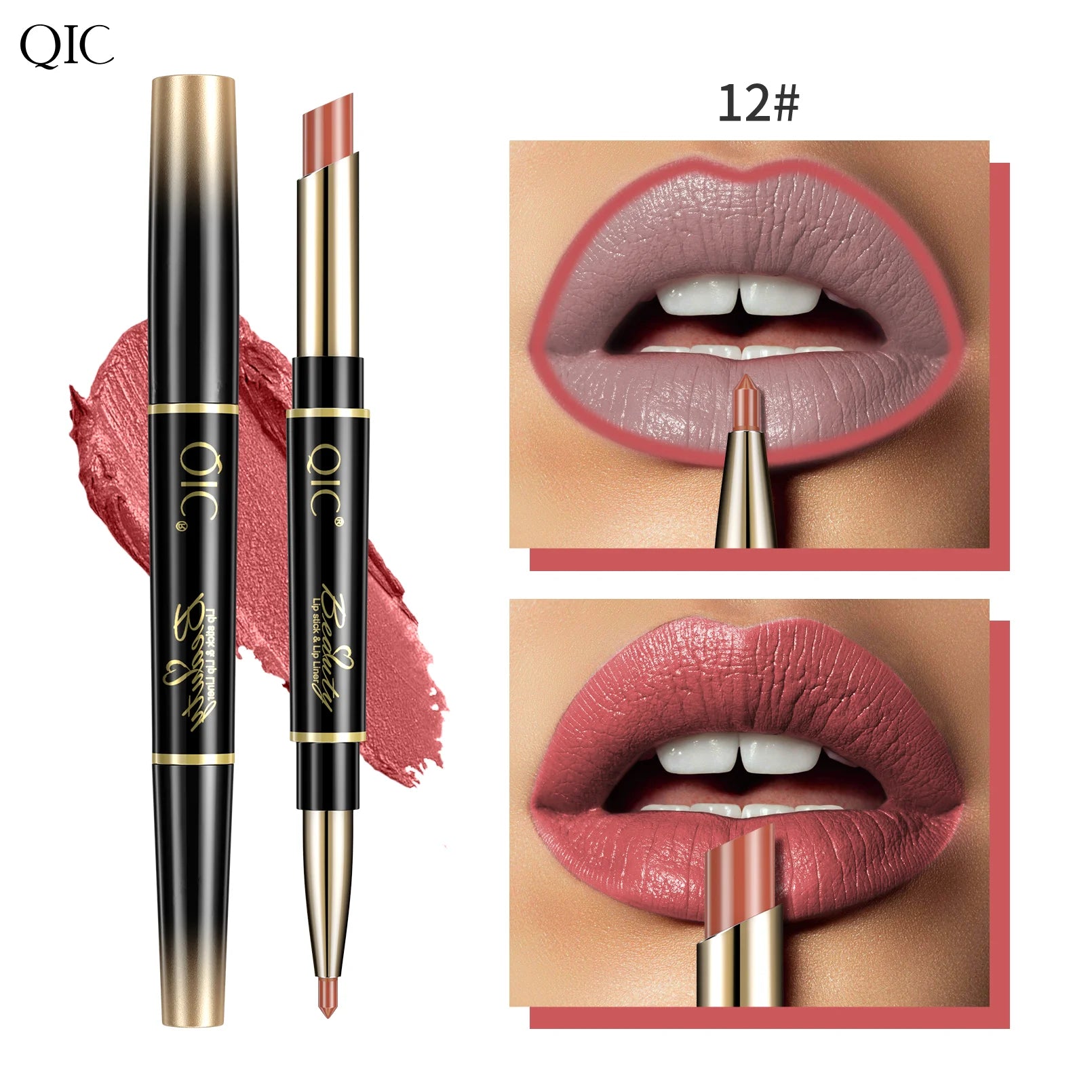 QIC Lipstick Lipliner Pen Matte Velvet Lip Liner Pencil Contour Makeup Sexy Red Lip Stick Long Lasting Cosmetics Qme Q909-12