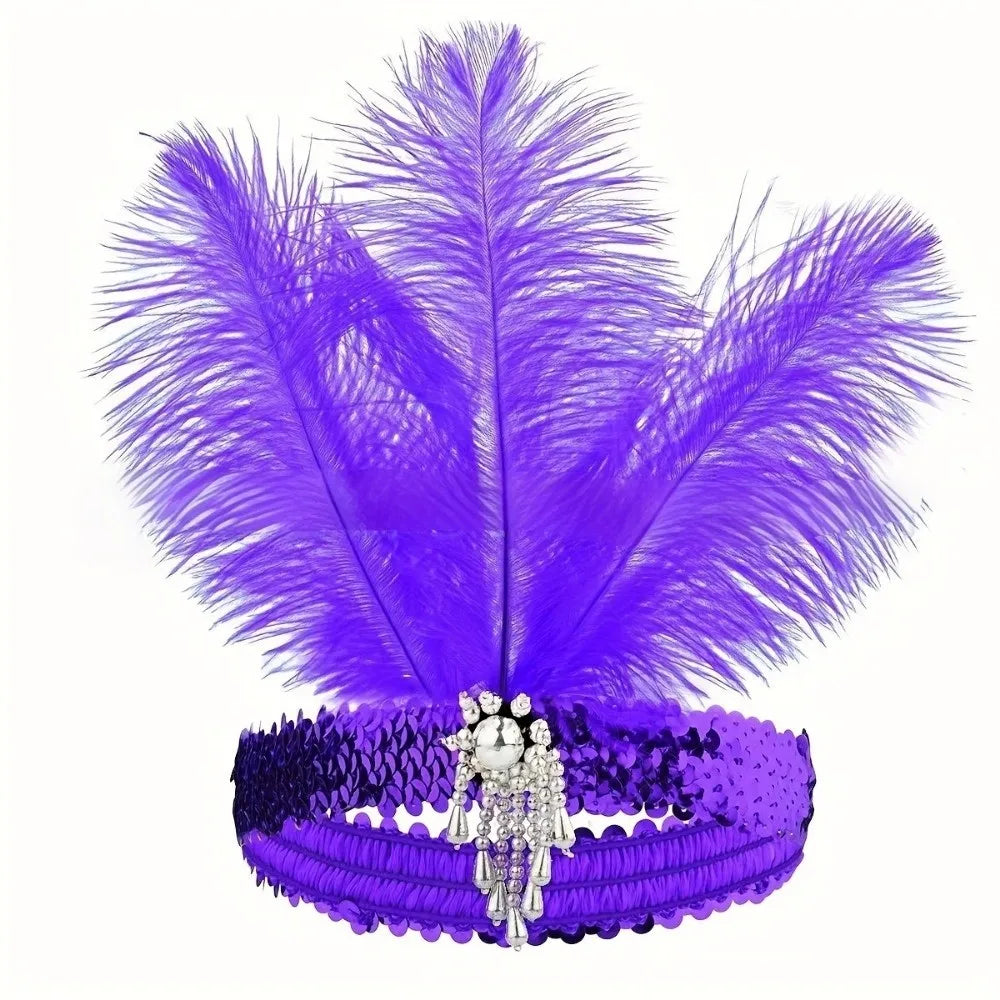 Exquisite Retro Women's Feather Headband Sequin 1920s Girls Hair Hoop Qme Purple