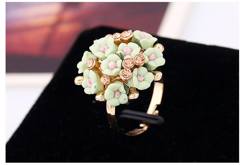 New Jingdezhen New Chinese Ceramic Small Flower Ring with Adjustable Beautiful and Fashionable Women's Gathering Jewelry Qme green resizable