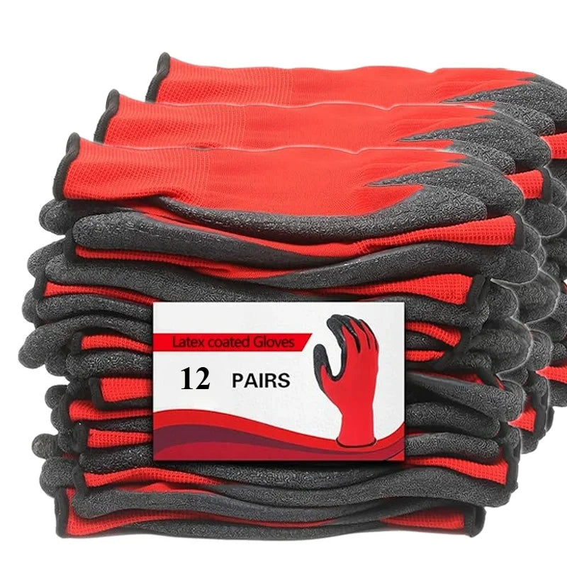 12Pairs Work Gloves Latex Rubber Coated Anti-Slip Waterproof Wear-Resistant Durable for Construction Industrial Use Qme