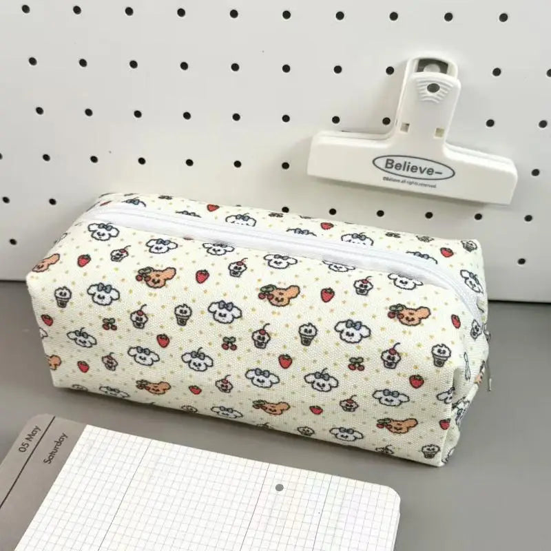 Beautiful Cartoon Animal Canvas Pencil Pouch Floral Design Zipper Bag Qme