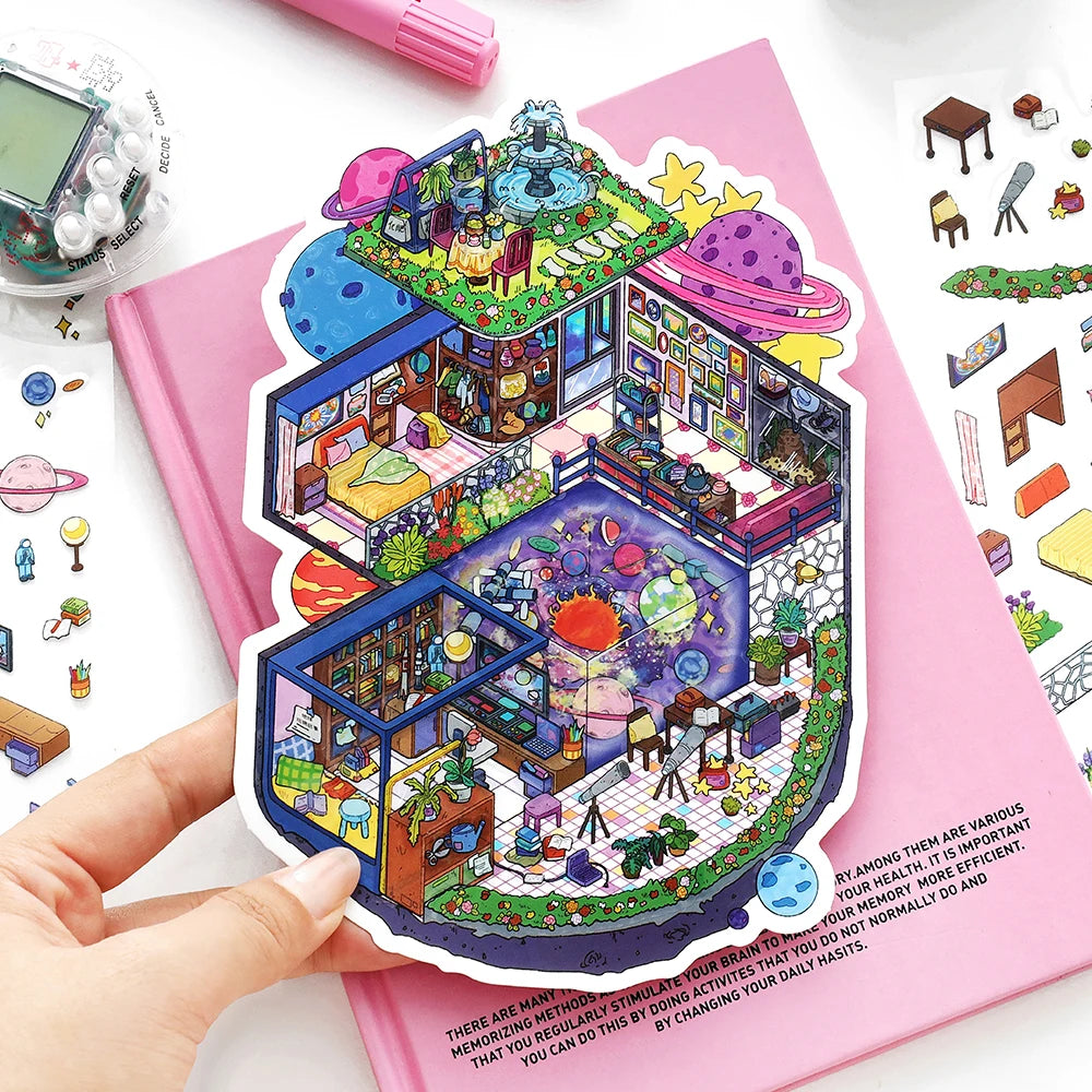 3 Sheets/Bag Fantasy House Miniature Scene Stickers PET+White Card 2.5D Stress Relief Game Stickers for DIY Craft, Birthday Gift Qme