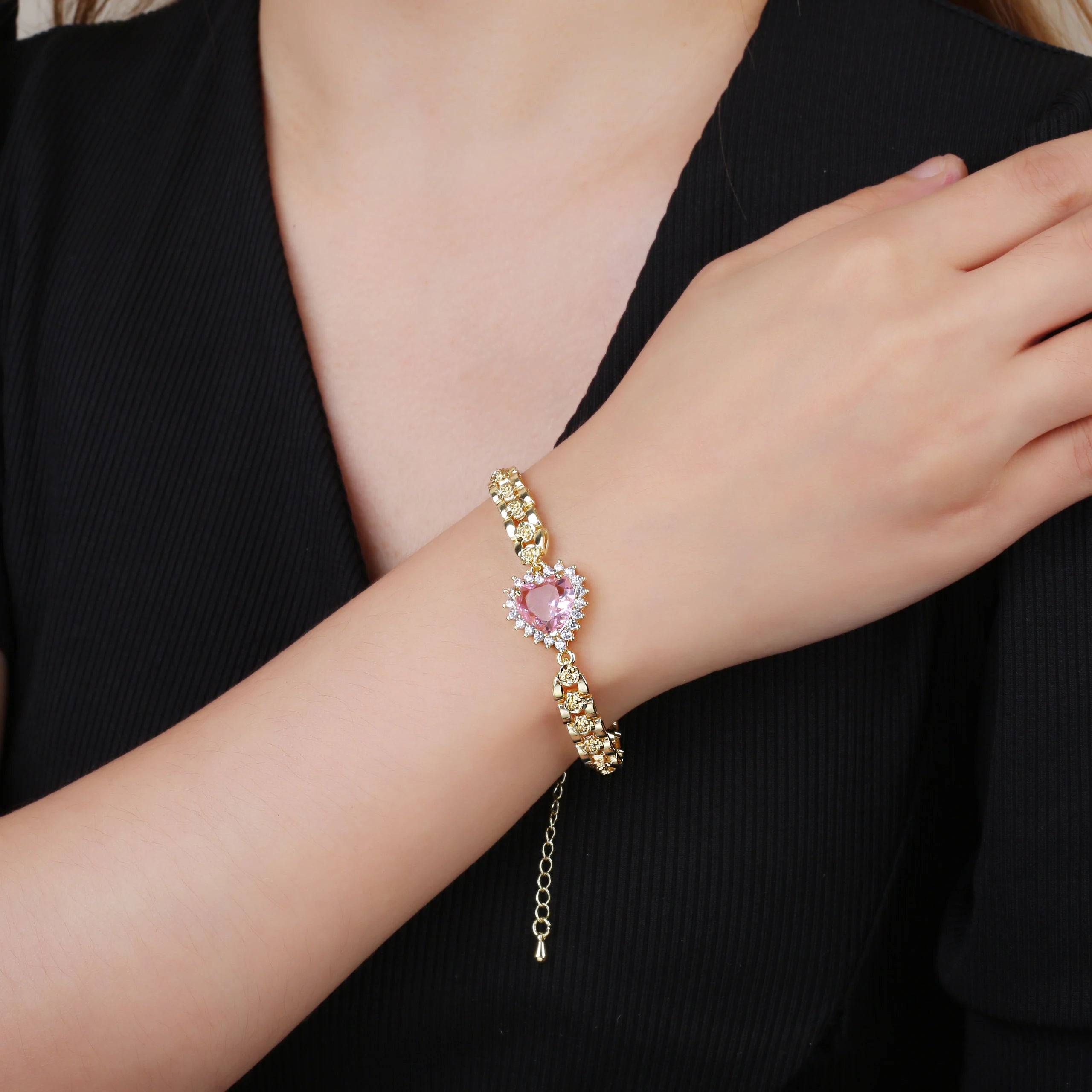 High Quality Copper Inlay Heart Crystal Bracelet Rose Chain Adjustable Bracelet Sweet For Wedding Party Daily Wear Jewelry Gift Qme