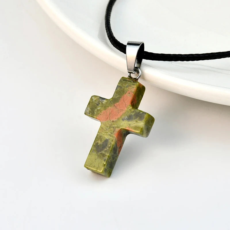 Natural Stone Cross Pendant Necklace, Colorful Punk Rock Style, Street Cool Vintage Y2K Goth Hip Hop Jewelry for Men and Women Qme A12