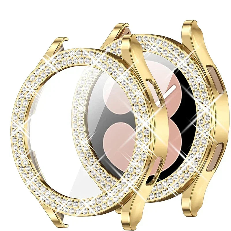 Bling Diamond Case for Samsung Galaxy Watch 7 6 5 4 PC Protective Case 40mm 44mm Screen Protector bumper Transparent Cover Qme Gold For Galaxy Watch7 44