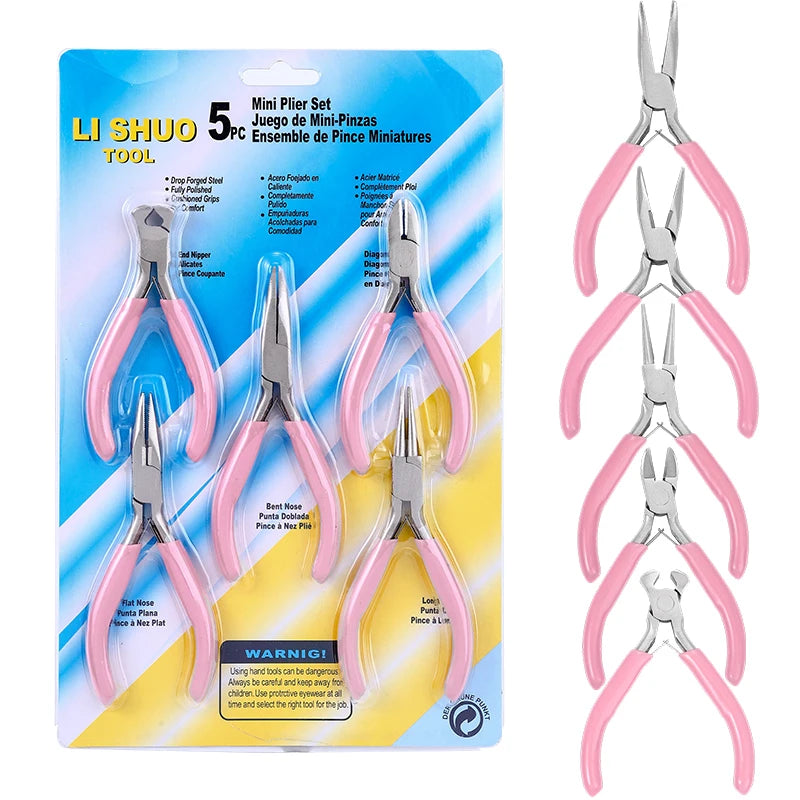5 Packs Jewelry Pliers Set Professional Jewelry Making Tools With Needle/Round/Chain/Bent/Zipper Pliers for Repair Cut Crafting Qme Pink