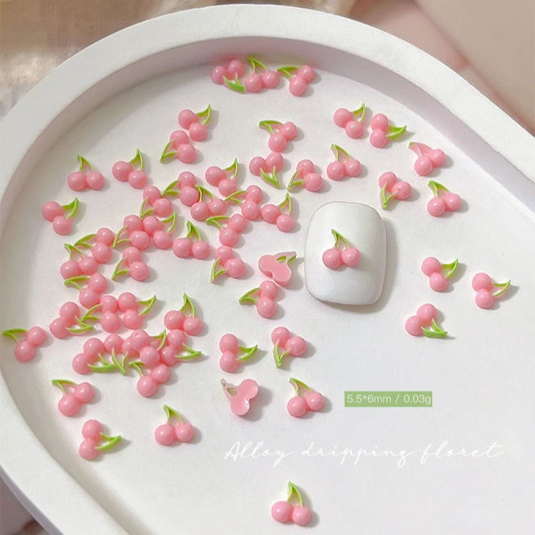 50pcs Pink Cherry Nail Charms, 3D Resin Cute Strawberry Fruit Nail Art Decorations, Flat Back Green Leaf Cherry DIY Manicure Qme 01 50pcs S