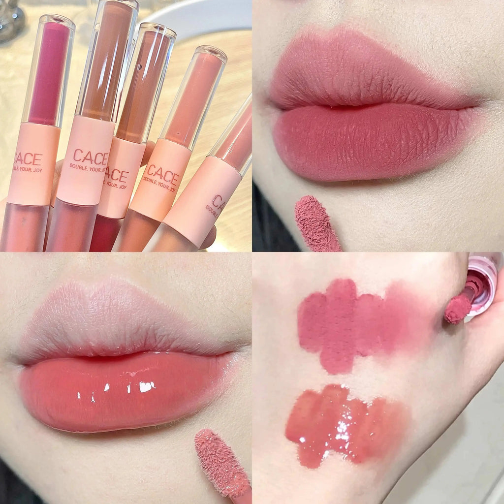 CACE Double Head Lip Gloss Sexy Red Lip Makeup Lip Mud Mirror Water Gloss Lip Glaze Matte Lipstick Waterproof Korean Cosmetics Qme