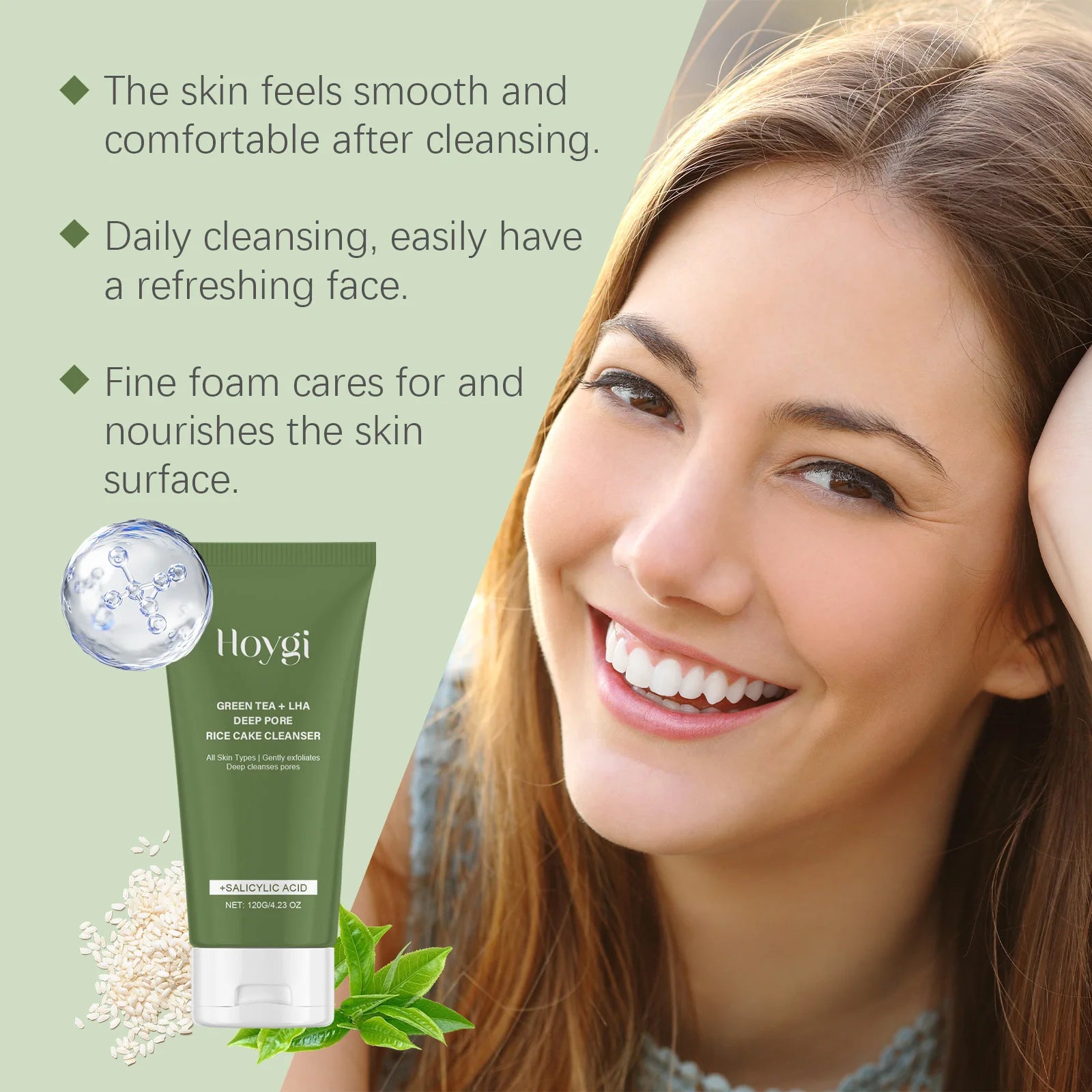 Green Tea Salicylic Acid Facial Cleanser Cleansing Pore Refining Hydrating Blackhead Removal Oil Control Non-Drying Face Wash Qme