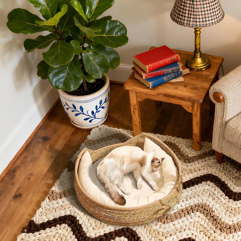Cat Basket Cotton Rope Round Bed for Cat Sleep with Pillow All Season Indoor Weaving Pet Resting Scratching Sleeping Furniture Qme