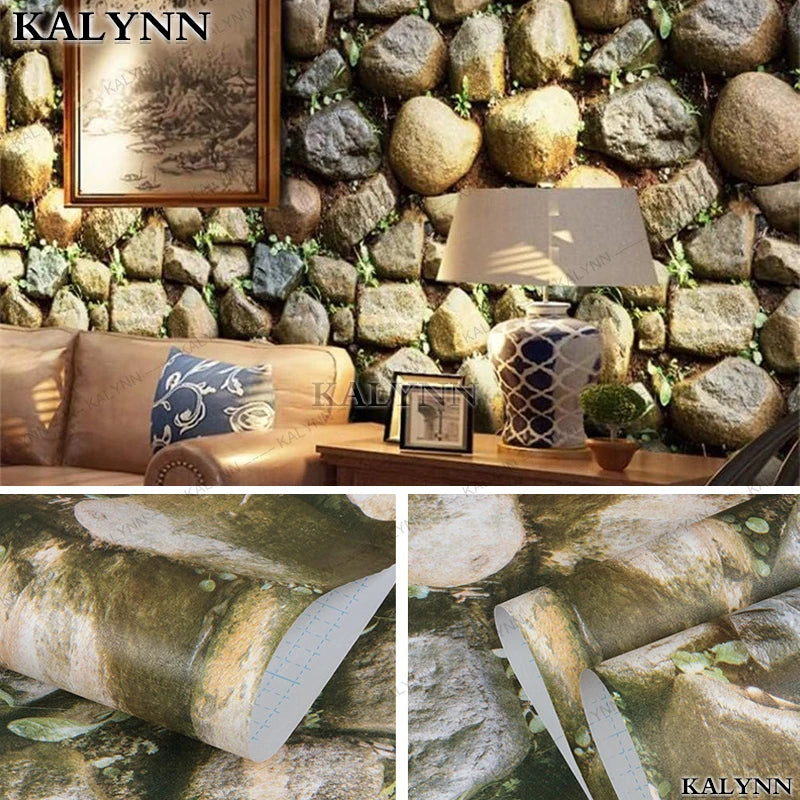 Self-adhesive Wallpaper Brown Stone Brick Fireplace Kitchen Qme
