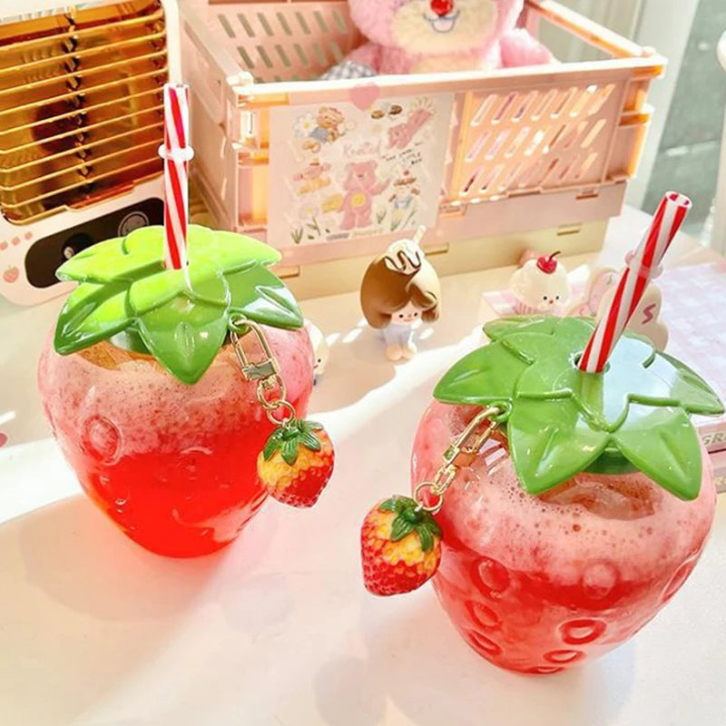 ^500ml Summer Cute Strawberry Straw Water Bottle Milk Coffee Straw Cup for Home Qme