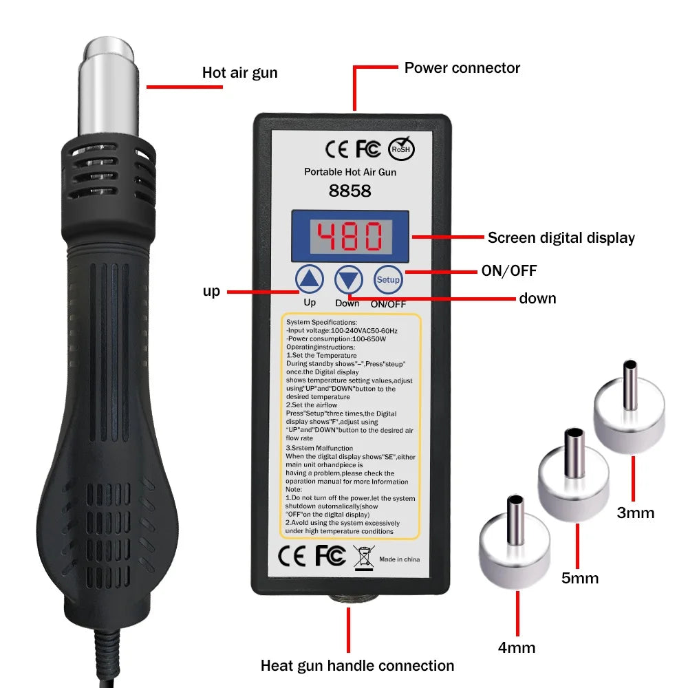 Air Gun 8858 Micro Rework Soldering Station LED Digital Hair Dryer Qme