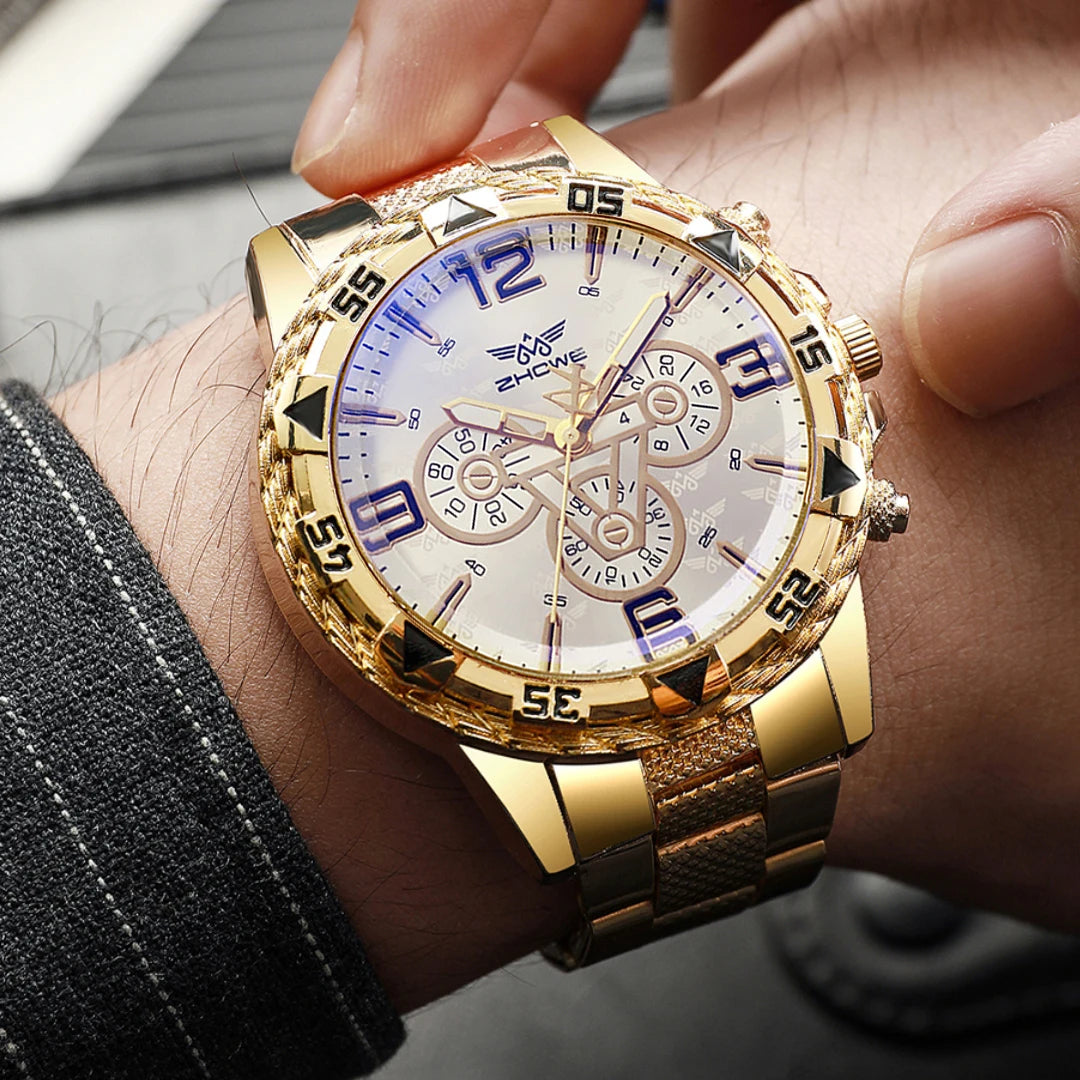 Men's Watch Blue Light Glass Quartz Watch Fashion Classic Watch Fake Three Eye Digital Alloy Watch Qme