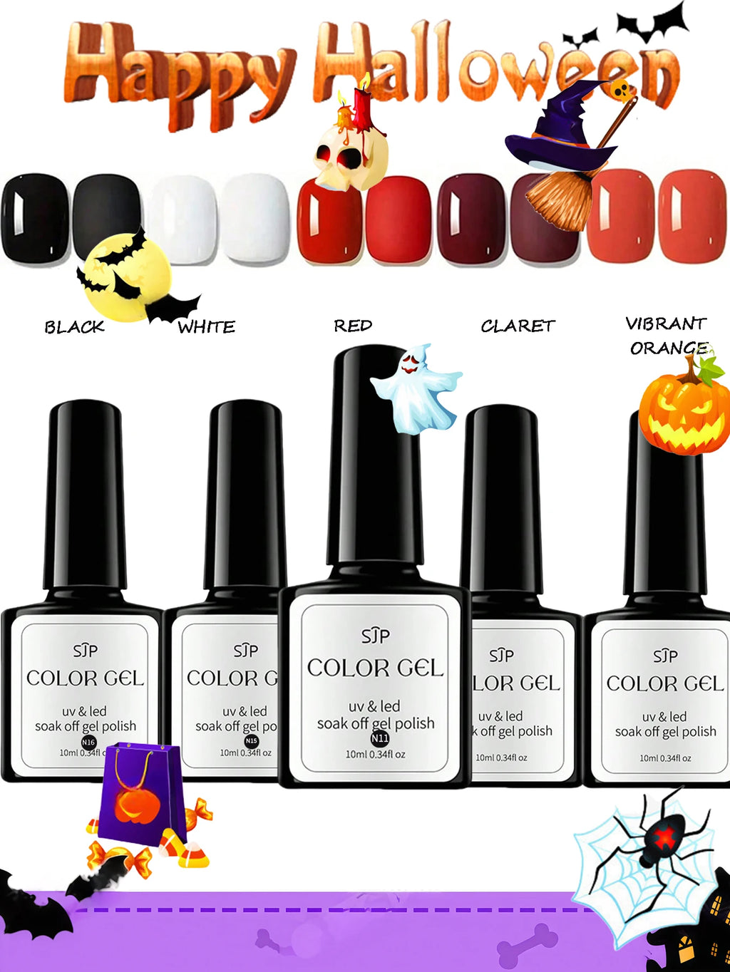 Halloween 5-Color Gel Nail Polish Including Pumpkin Orange White Qme