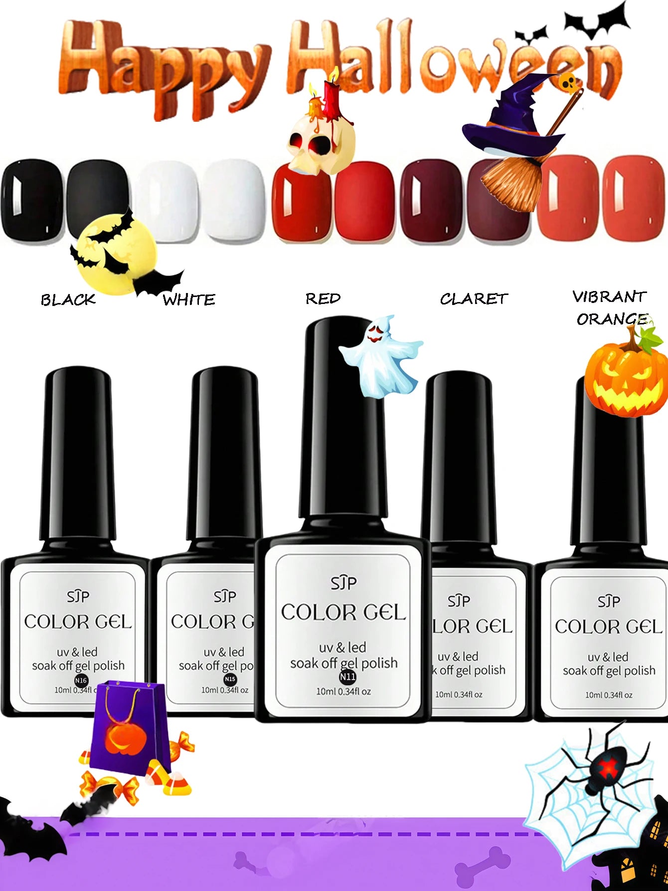 Halloween 5-Color Gel Nail Polish Including Pumpkin Orange White Qme