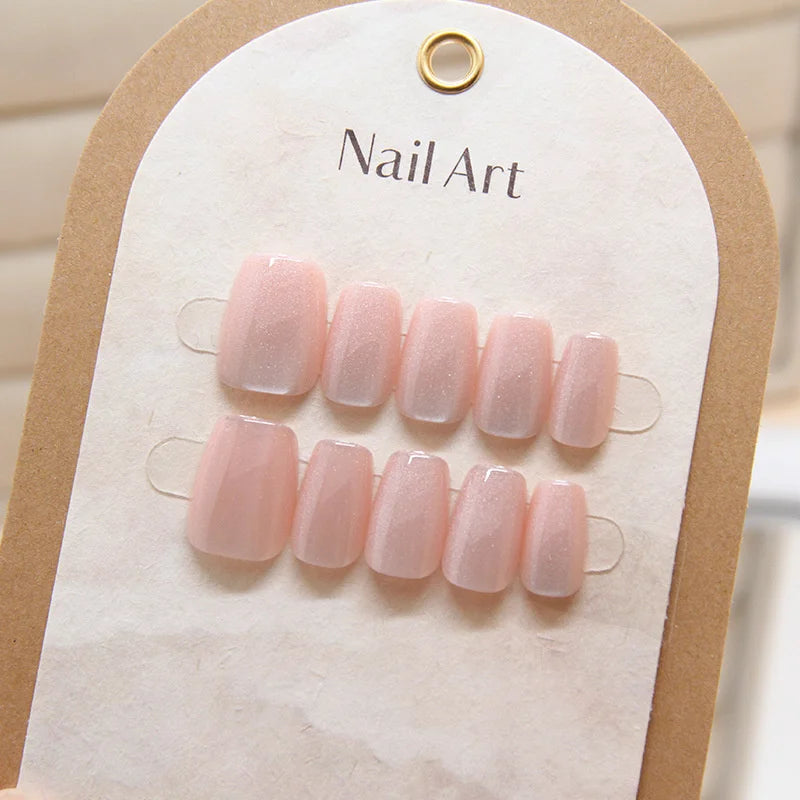 Nude Pink Cat Eye Press-on Nails Reusable Glossy Translucent False Qme