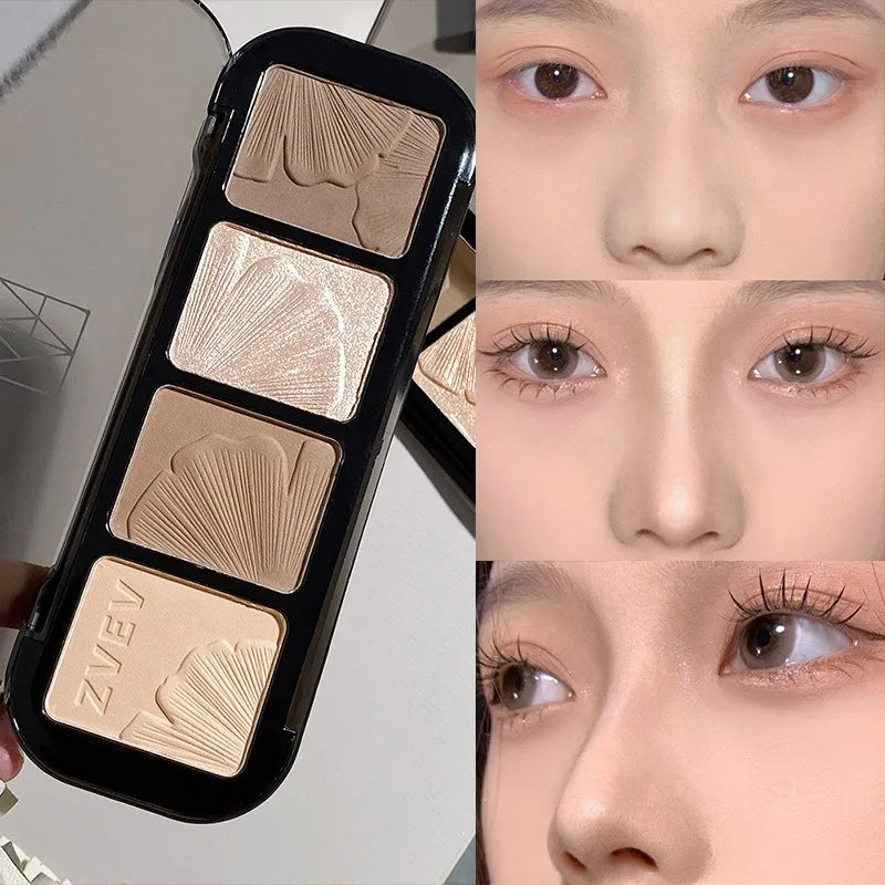 Contour Highlight Palette Silky Blurring Powder for Face Sculpting 4-in-1 Shimmer Matte Long Lasting Makeup Palette Nose Shadow Qme