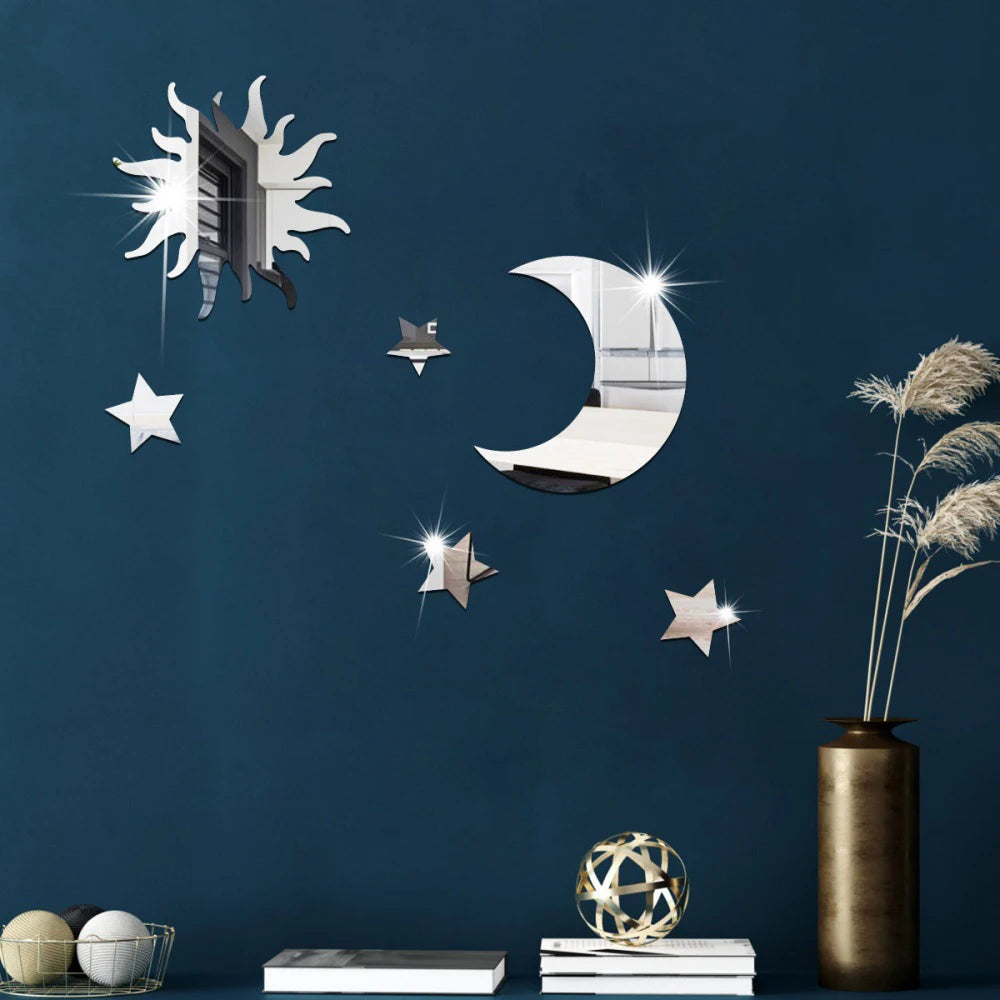 6PCS Star Moon Combination Mirror Acrylic Stereo Self Adhesive Diy Bedroom Living Room Can Be Removed Wall Stickers Qme