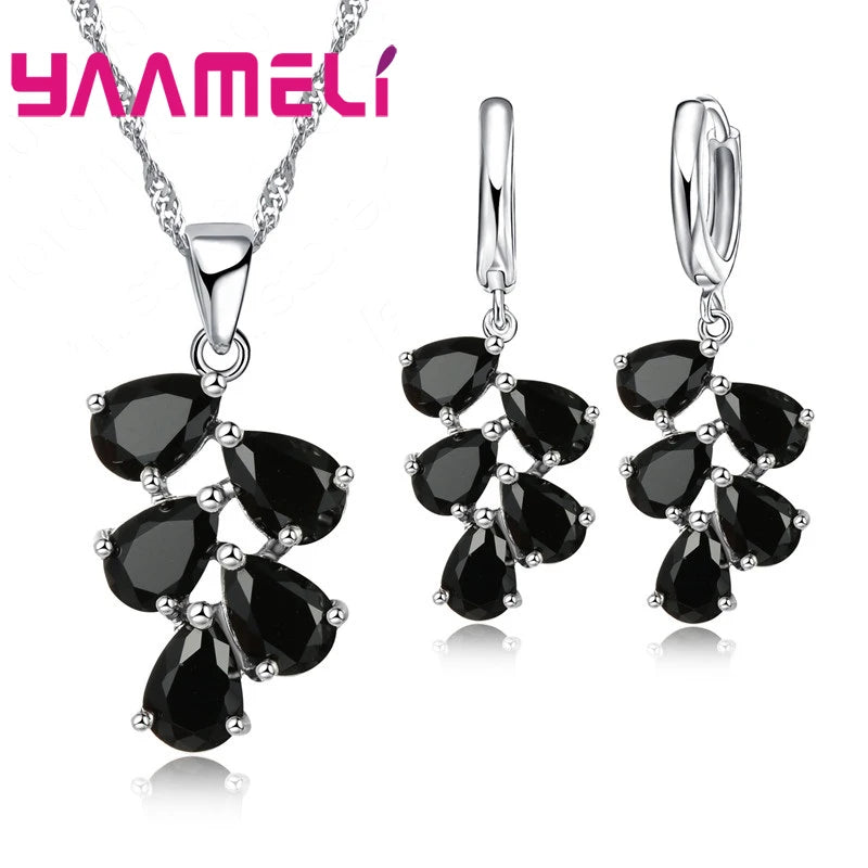 Anniversary Gift For Women Trendy 925 Sterling Silver Color Jewelry Sets Cubic Zirconia Pendants Necklaces Charm Hoop Earrings Qme Black