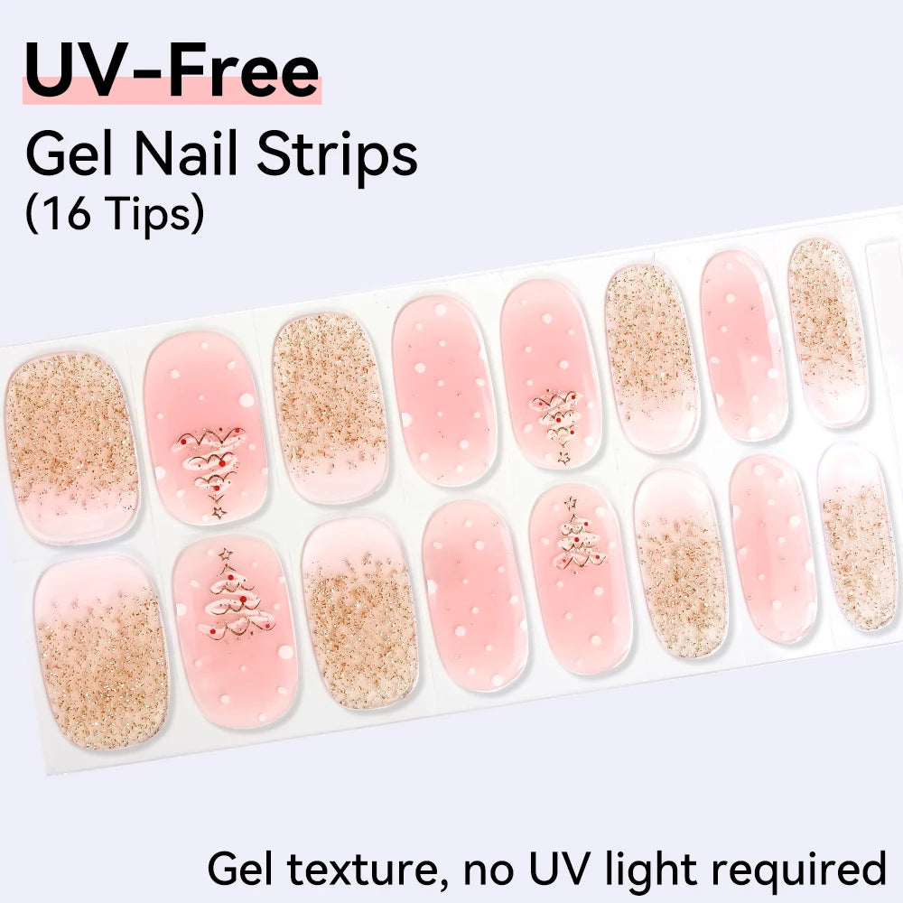 16Tips Pink Red French UV-Free Gel Nail Stickers Sparkly Shinning Qme CMK-0119
