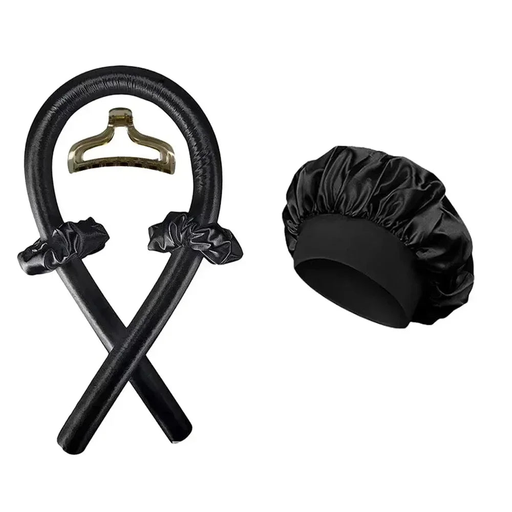 Heatless Curling Rod Satin Nightcap Women No Heat Hair Rollers Qme Black with cap