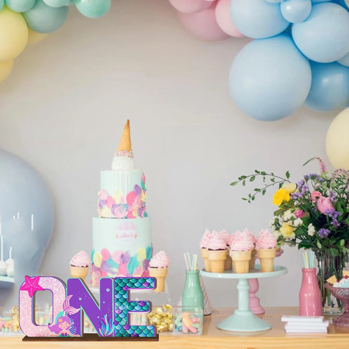 1SET 2D Mermaid Princess Theme "ONE" Letter Wooden Desktop Decoration, Birthday Party Desktop Decoration Qme