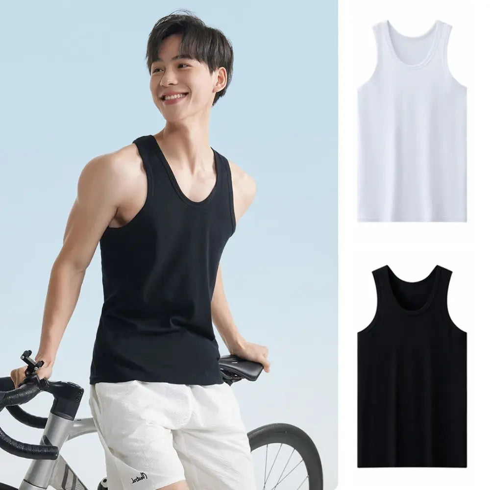 Solid Sleeveless Men Cotton Vest Round Neck S Tank Simple Clothing Qme