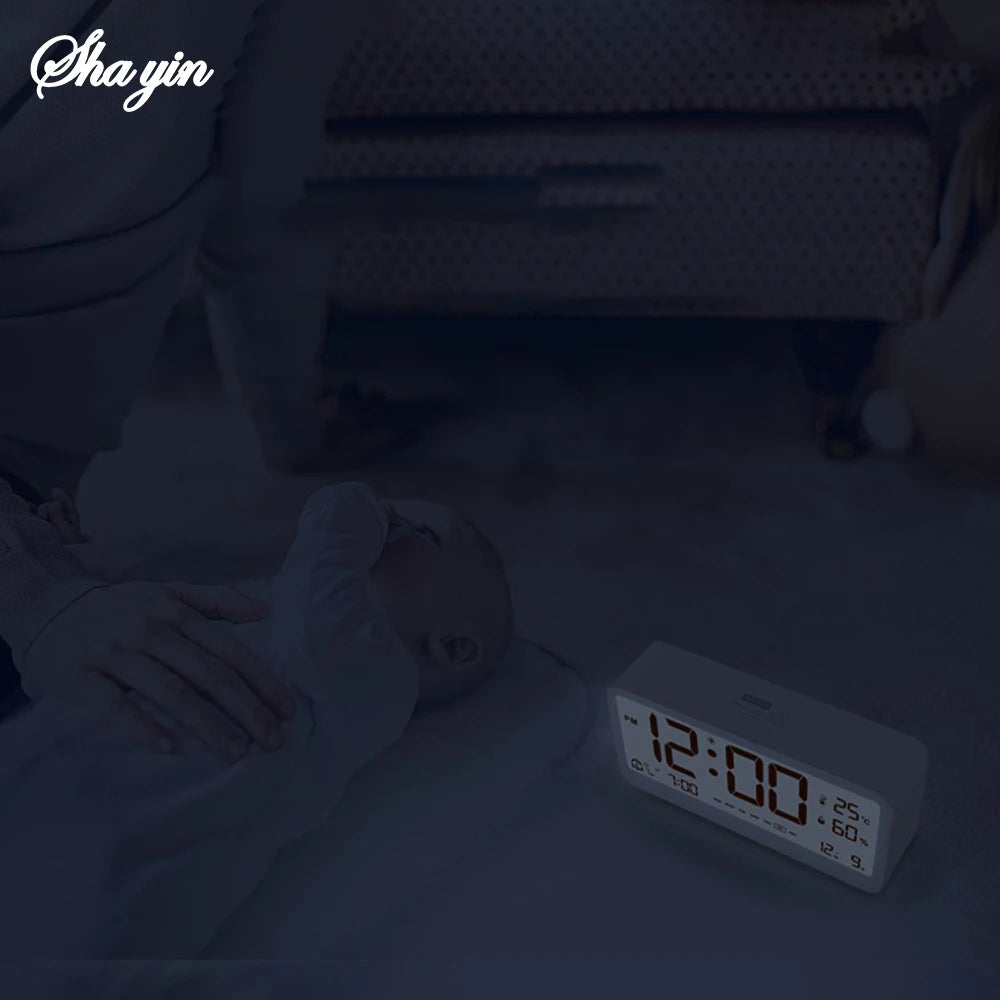 8001-EN Multifunctional Digital Clock LED Brightness Adjustable Temperature Humidity Displaying Alarm Clock with Dual Modes Qme