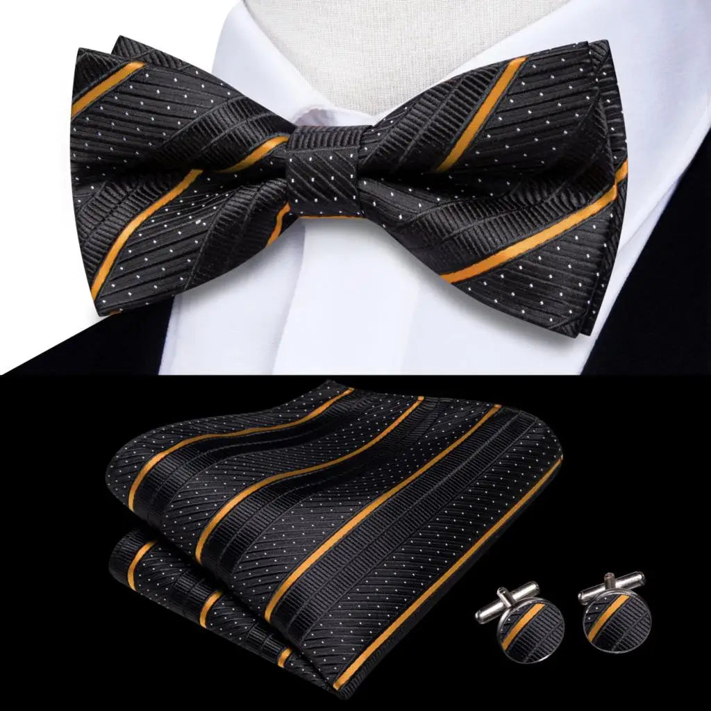 Hi-Tie Striped Black Red Mens Bow Tie Hankerchief Cufflink Pre-tied Silk Butterfly Knot Bowtie for Male Business Party Wholesale Qme S1-LH-2583