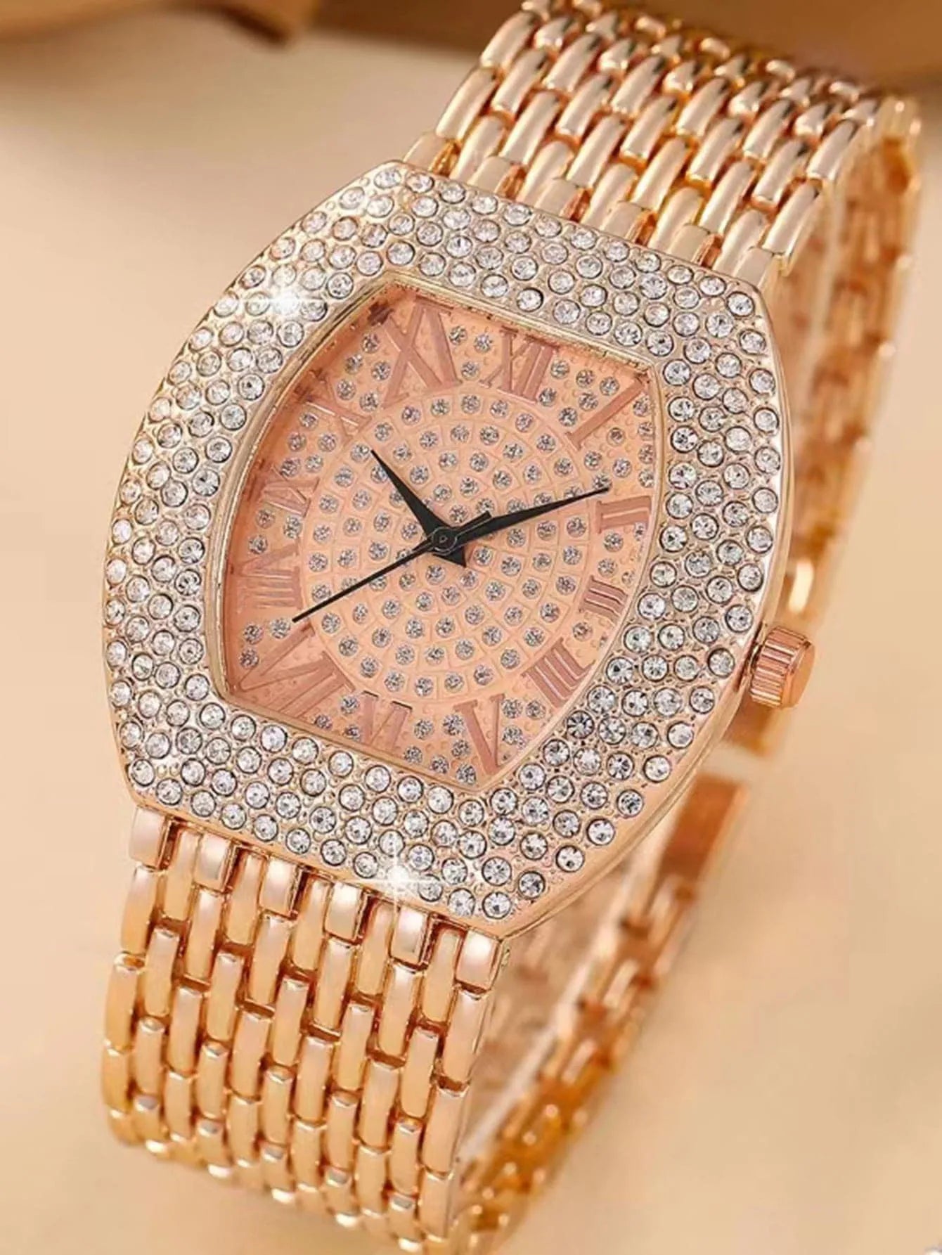 Women Gold Tonneau Watch Full Diamond Bling Roman Dial Stainless Steel Band Quartz Wristwatch Qme Rose No