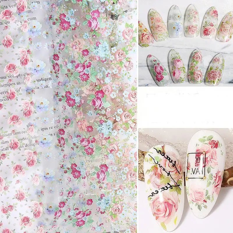 Flower Nail Transfer Foil Rose Floral Art Sticker Paper DIY Manicure Qme