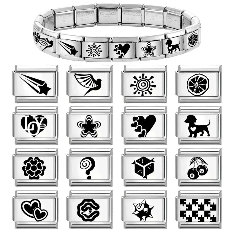 1pc Original Laser Engraving Star Art LOVE Heart Fish Charm Link fit 9mm Stainless Steel Jewelry Making DIY Italian Bracelet Gif Qme