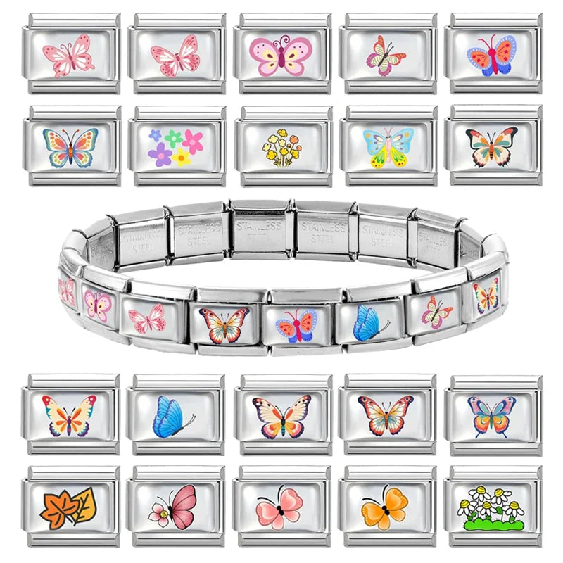 New Y2K Attractive Purple Butterfly Colorful Flower Italian Charm Link fit 9mm Stainless Steel Jewelry DIY Making Bracelets Gift Qme