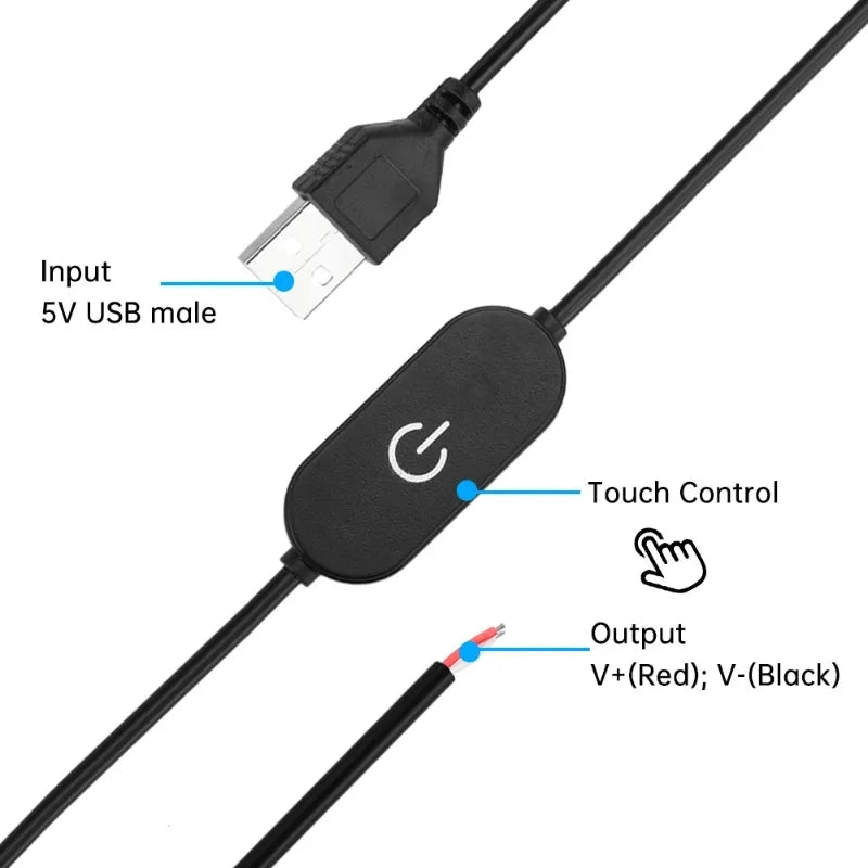 3pcs USB Switch Extension Cable 2A 1.5M DC5V/DC12-24V Touch Dimming Switch Cable for LED Strips On/Off Power Switch Qme