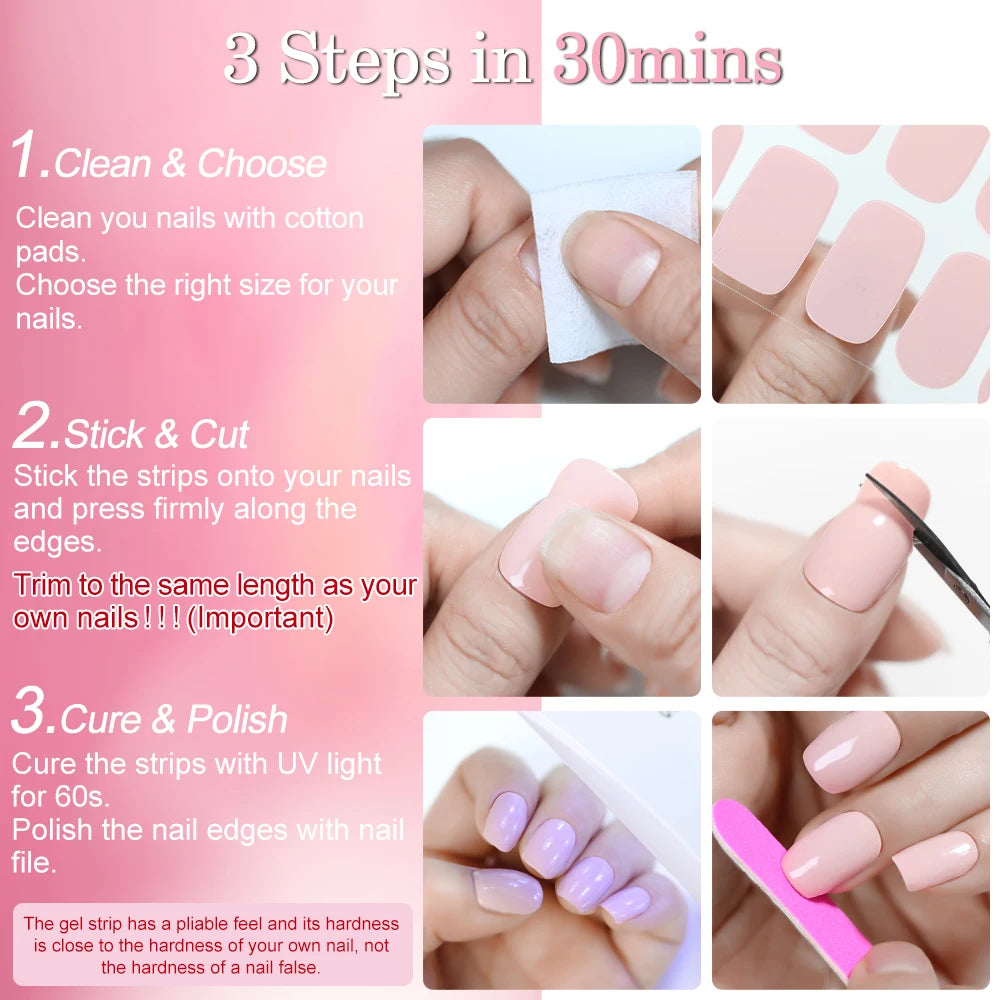 20Tips Leopard Pattern Semi-cured Gel Nail Strips French White Polish Qme