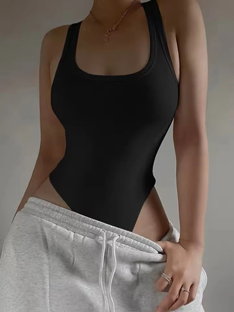 Summer Sexy Bodycon Off Shoulder Halter Tops Sleeveless Knit Bodysuit Qme black S