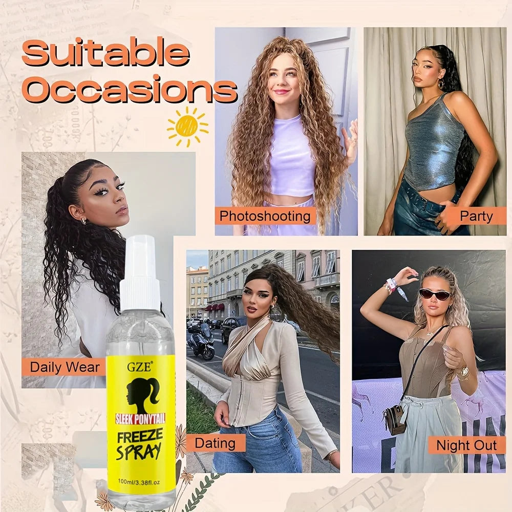 GZE Sleek Ponytail Freeze Spray - Long Lasting Hold, Frizz Control, and Shine - Non-Sticky Formula for Professional Looking Qme