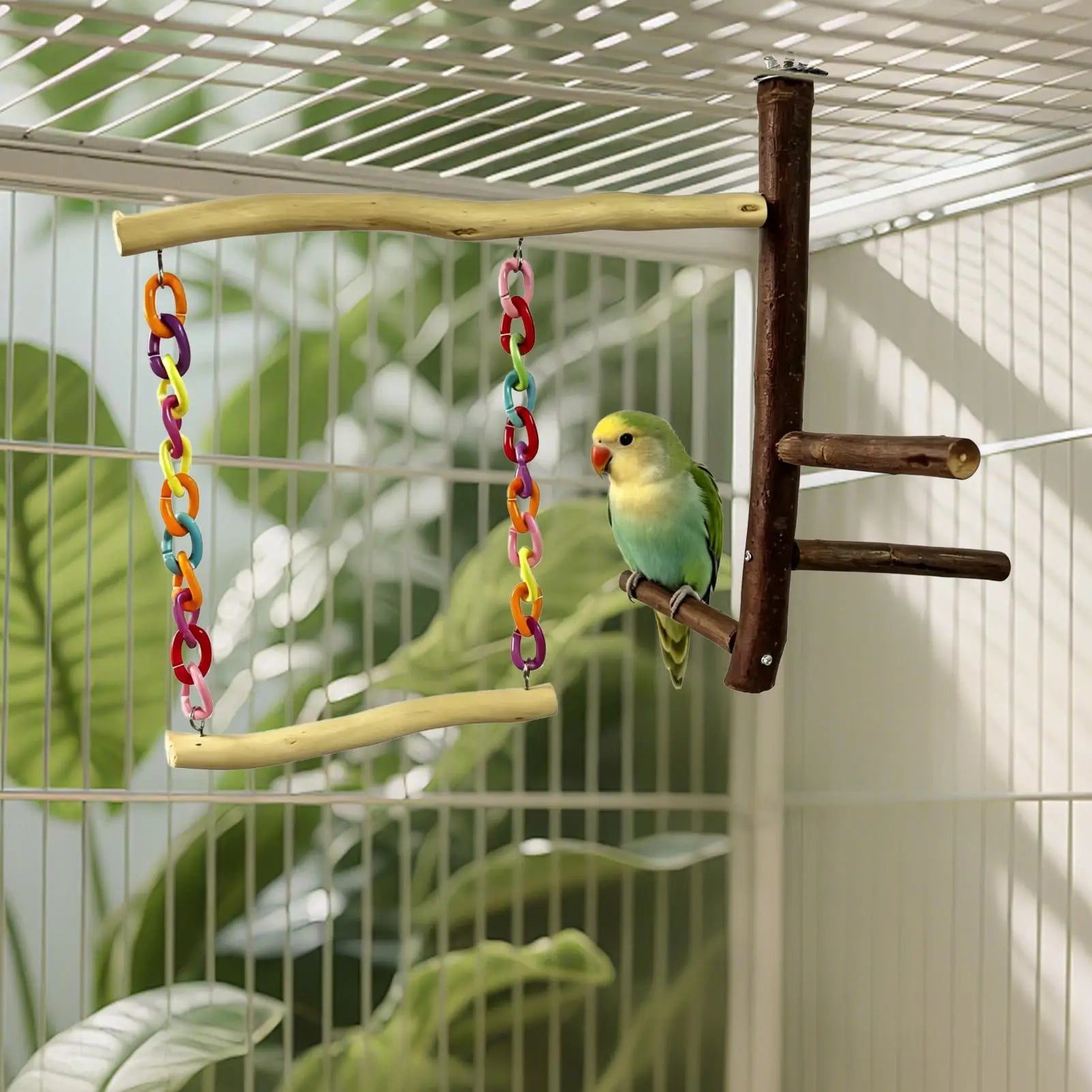 Bird Swing Chewing Standing Wooden Decor Bird Perch Stand for Budgies Small Parrots Bedding Living Room Home Indoor Outdoor Qme